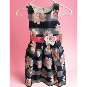 NWT Jona Michelle Girl Size 5 Summer Spring Flowers Dress Sleeveless Navy Stripe